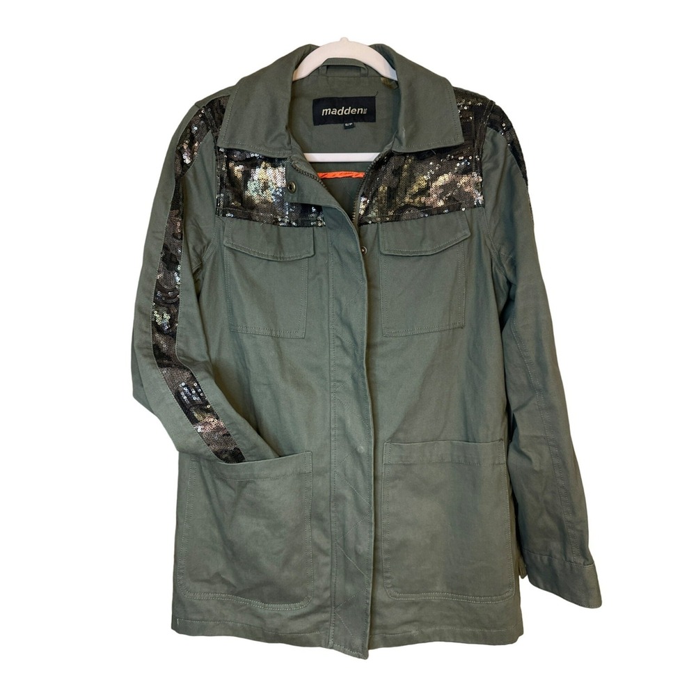 Madden NYC Military Style Jacket Women's Small Olive Green‎ Sequin Utility 19x30